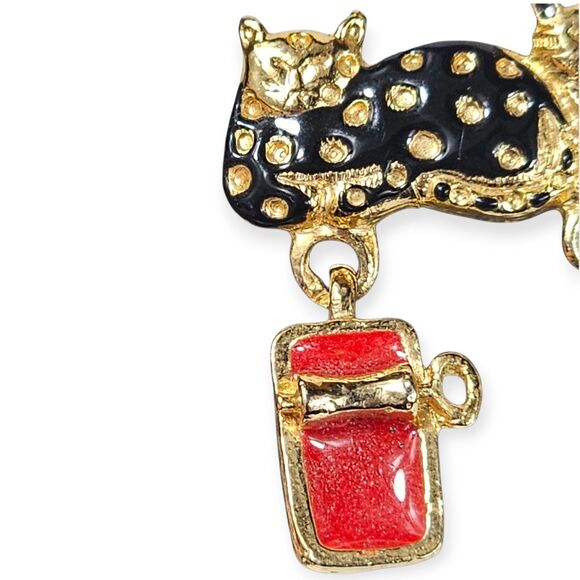 Vintage ANGEL Signed Multi Color Enamel Kitty Cat Kitten Brooch w/Toy Dangles - Picture 5 of 11